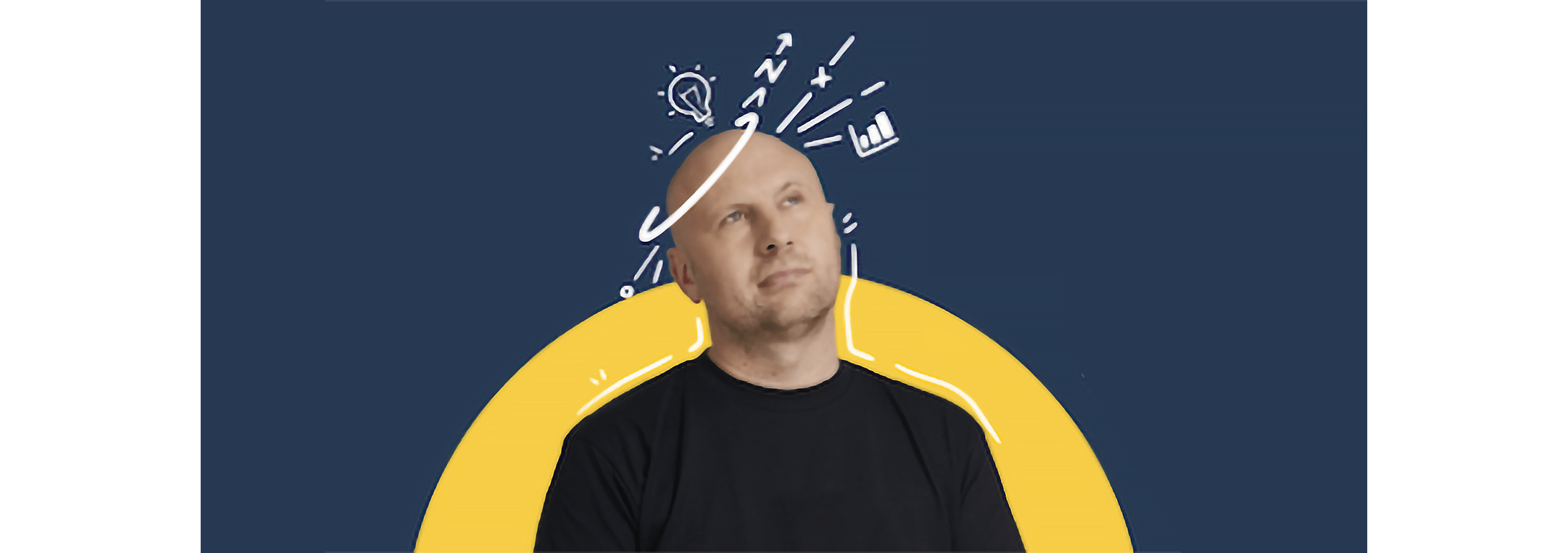 Partner consultant Allan Davidson looking up with illustrated lines of graphs and light bulbs above his head.