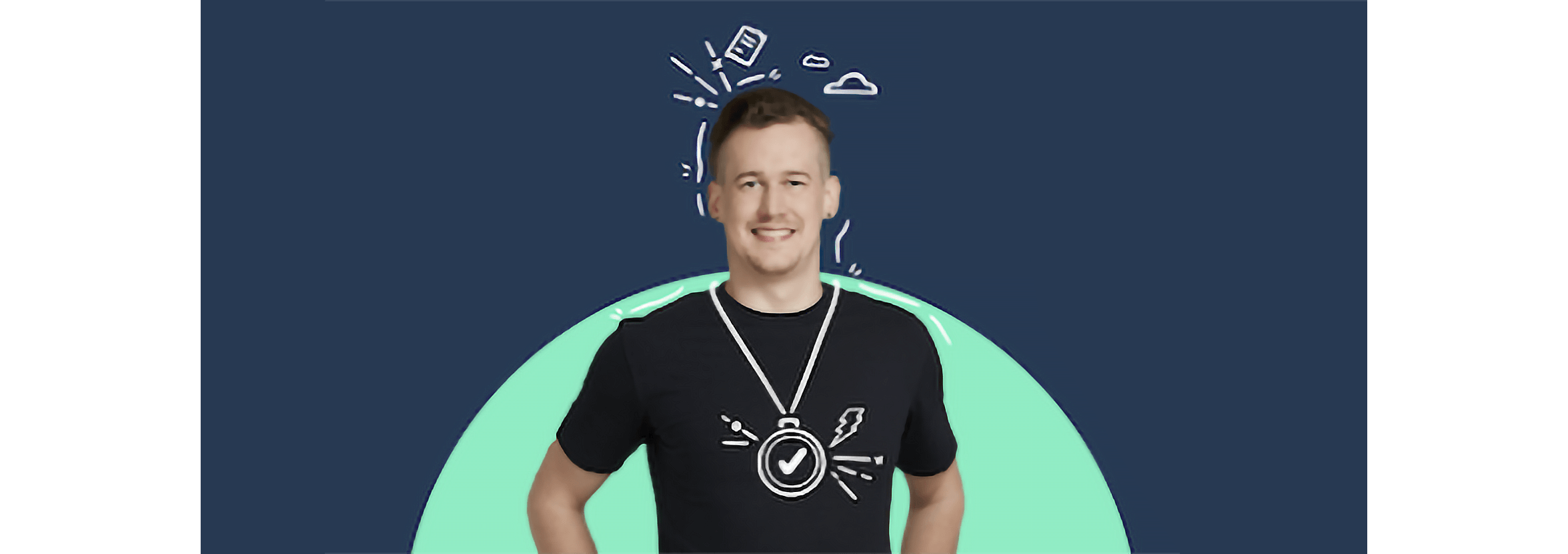 Partner consultant Sean Smith smiling to camera with illustrated lines of clouds and graphs above his head.