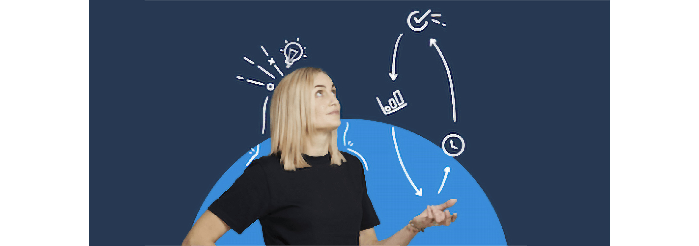 Partner consultant Claire Palmer holding her hand out with illustrated lines and graphs hovering above it.