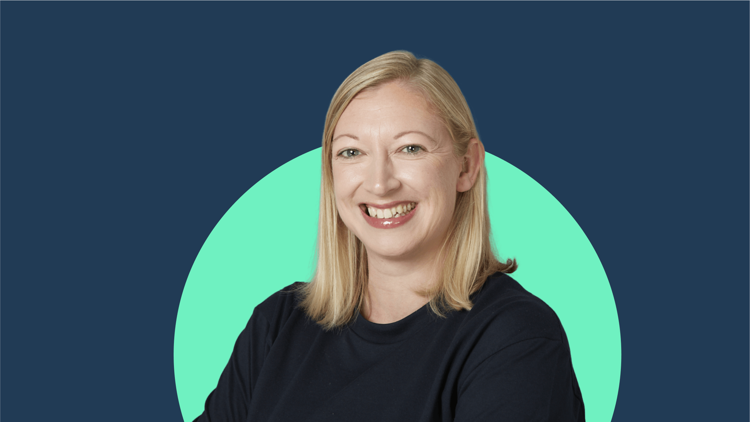 Head and shoulders of Stacey Morrison smiling to camera against a blue background.