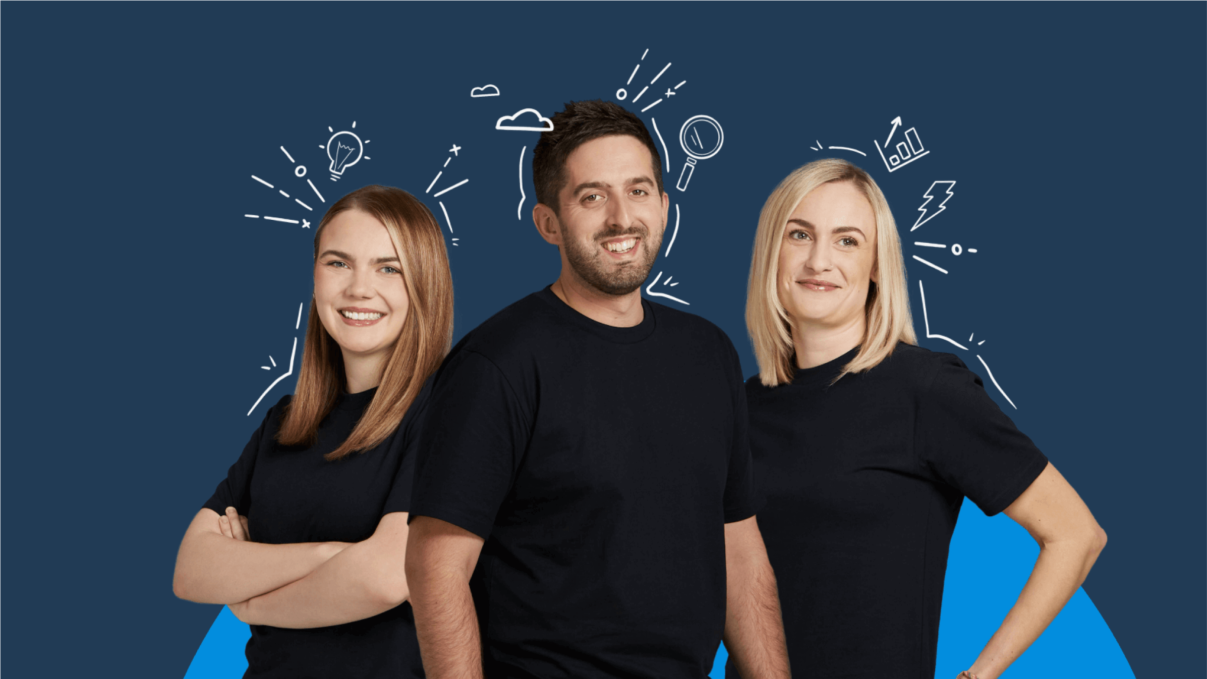 Three Xero partner consultants with illustrated graphs, light bulbs and lightning bolts above their heads.