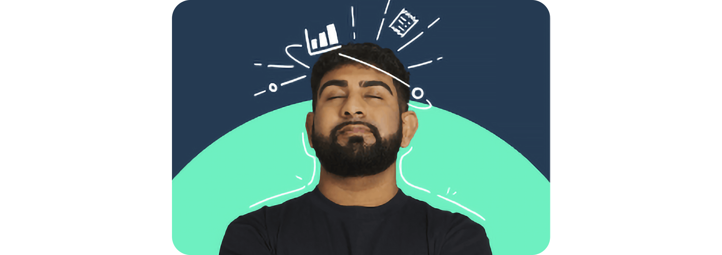 Partner consultant Drew Savani smiling with eyes closed and illustrated lines and graphs hovering above his head.