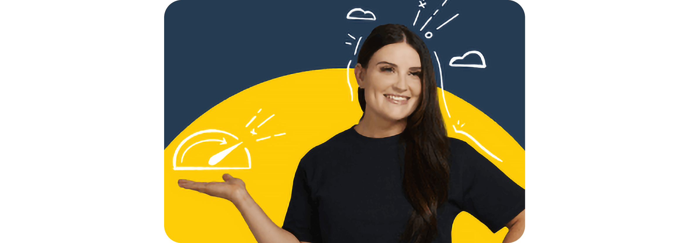 Partner consultant Lizzie Ropke smiling and holding her hand out to illustrated lines and graphs.