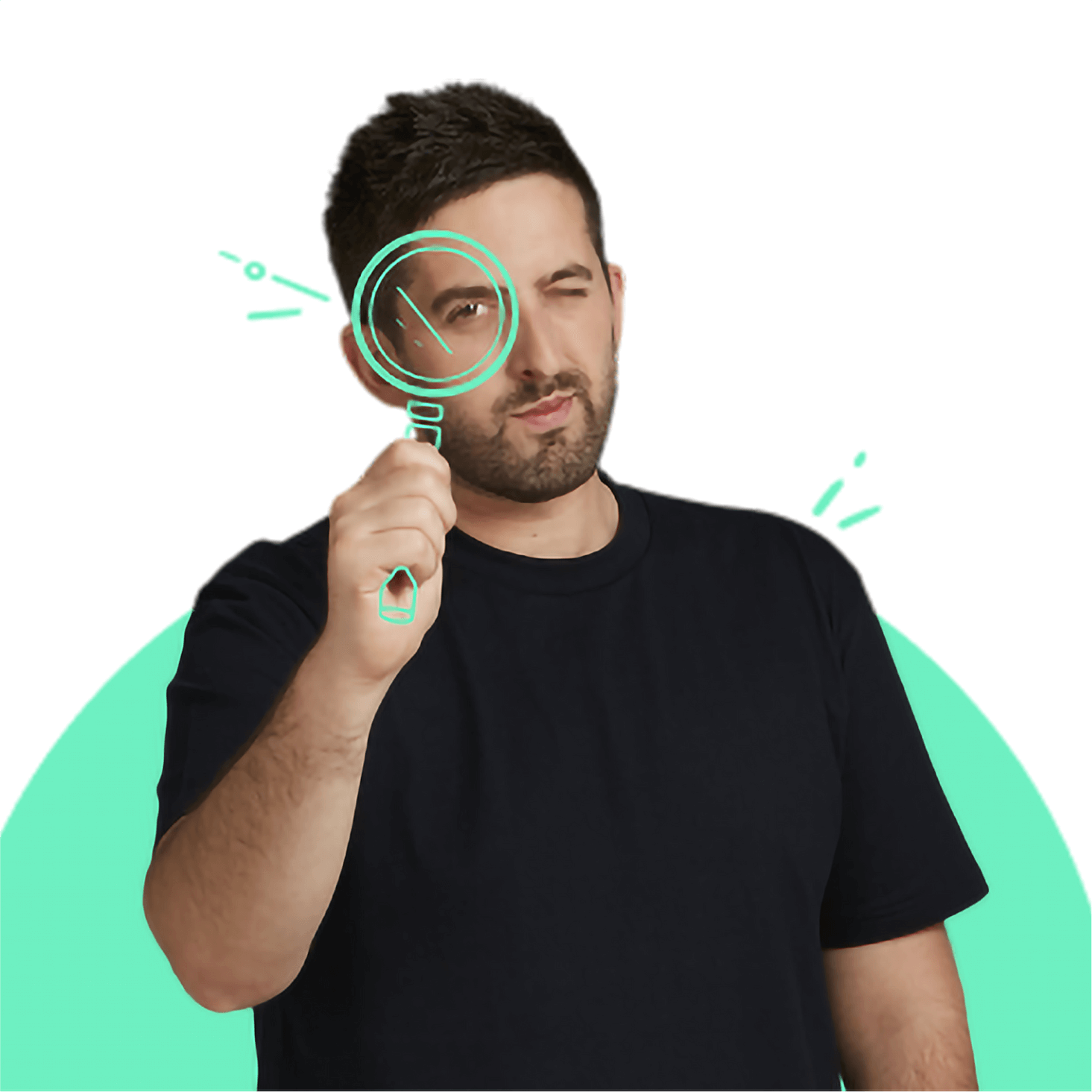 A partner consultant holding an illustrated magnifying glass and looking through it to the camera. 
