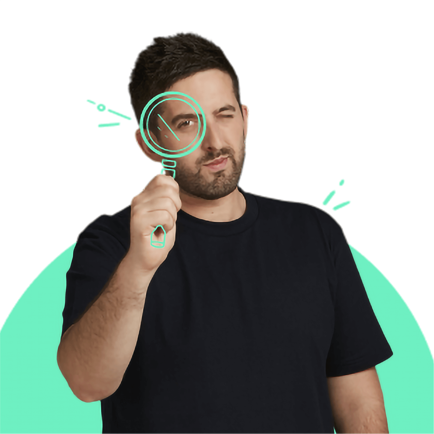 A partner consultant holding an illustrated magnifying glass and looking through it to the camera.