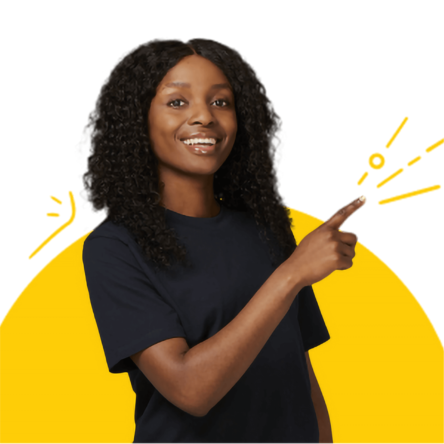 A partner consultant smiling and pointing to the side with illustrated lines coming off their finger.