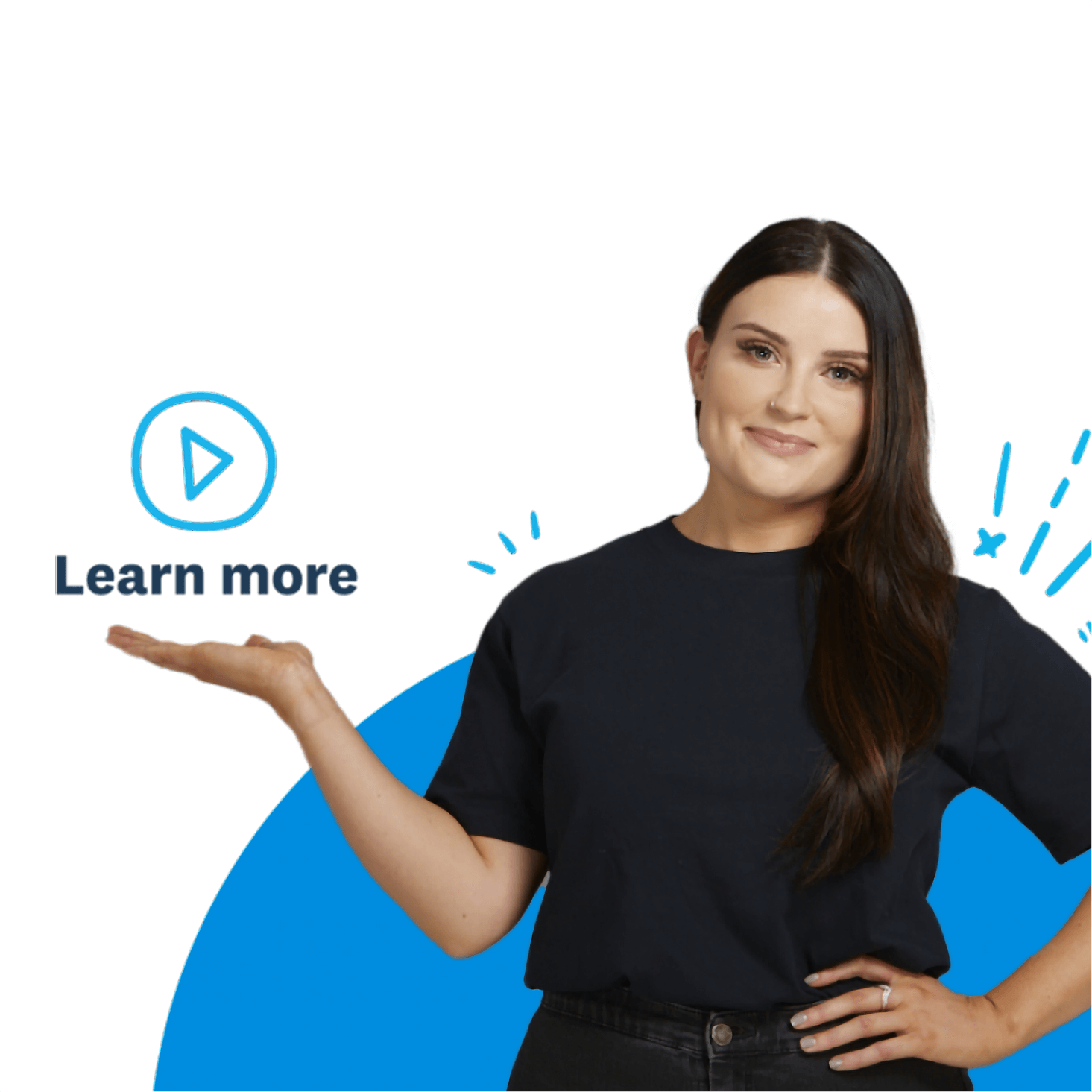 A partner consultant smiling with their hand held out, and a graphic of a Learn More button hovering above it.