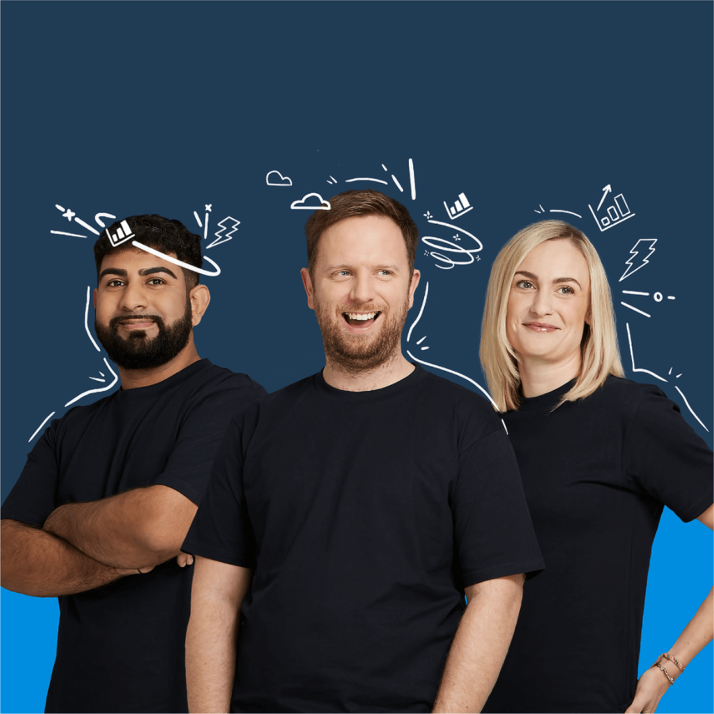 Three Xero consultants standing together smiling, with illustrations of clouds and lightning bolts around their heads. 