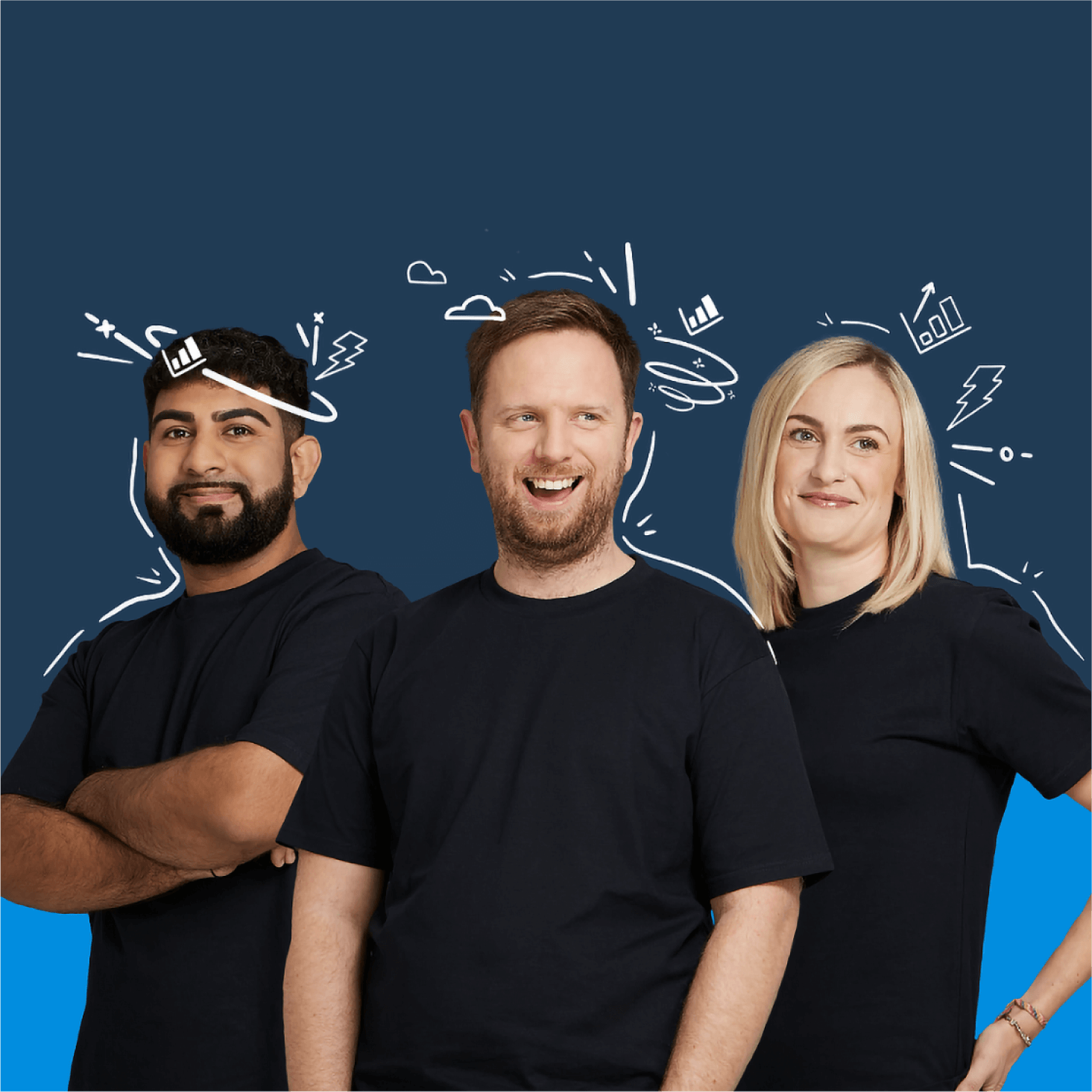 Three Xero consultants standing together smiling, with illustrations of clouds and lightning bolts hovering over their heads.