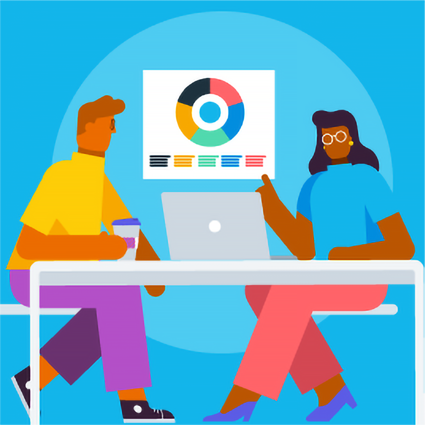 An illustrated accountant sitting across a desk and computer from a client, pointing to a graph between them.