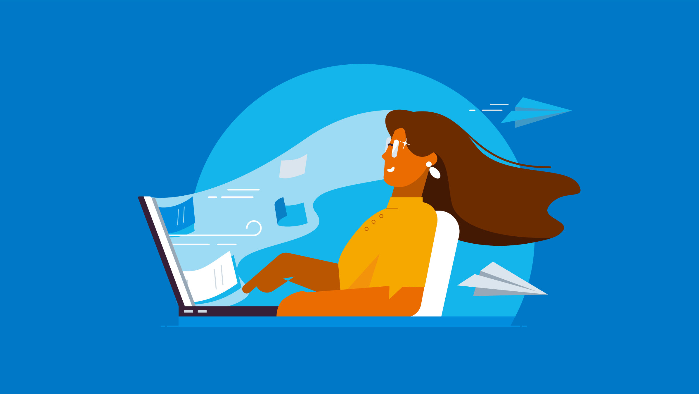 An illustrated woman types at a computer as paper notes and paper planes fly out of the screen. Her hair flies back.