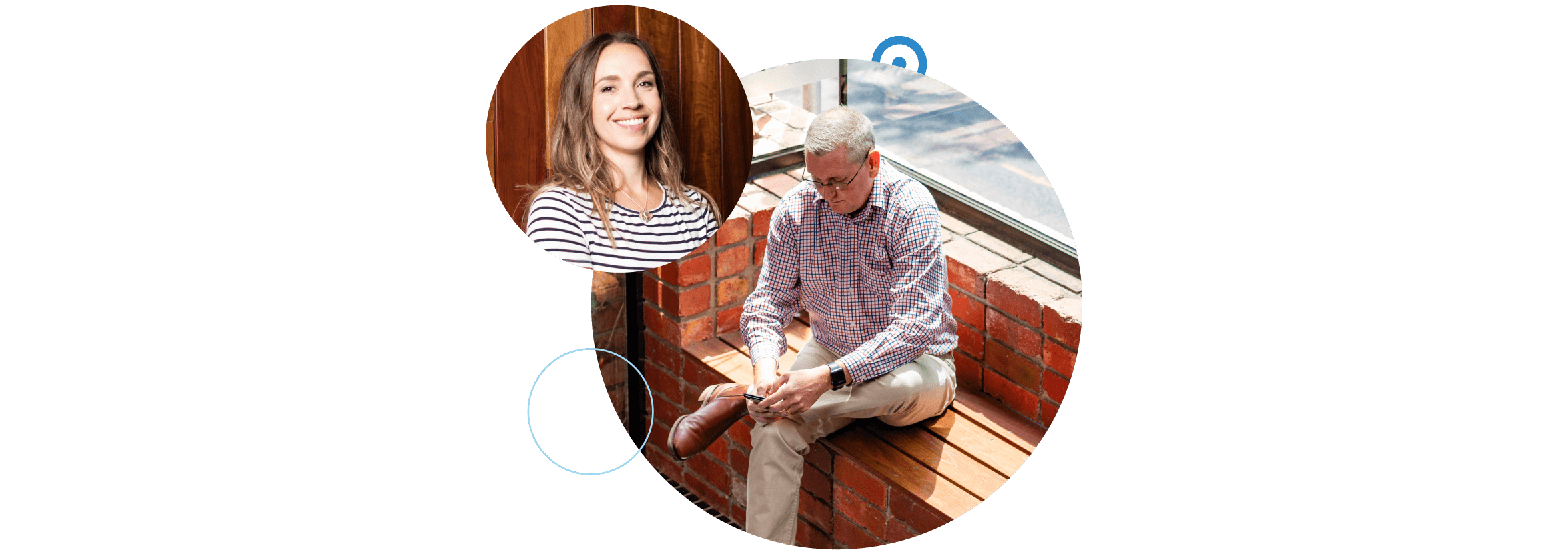 A small business owner sitting on a bench on their phone, beside an image of a Xero partner advisor. 