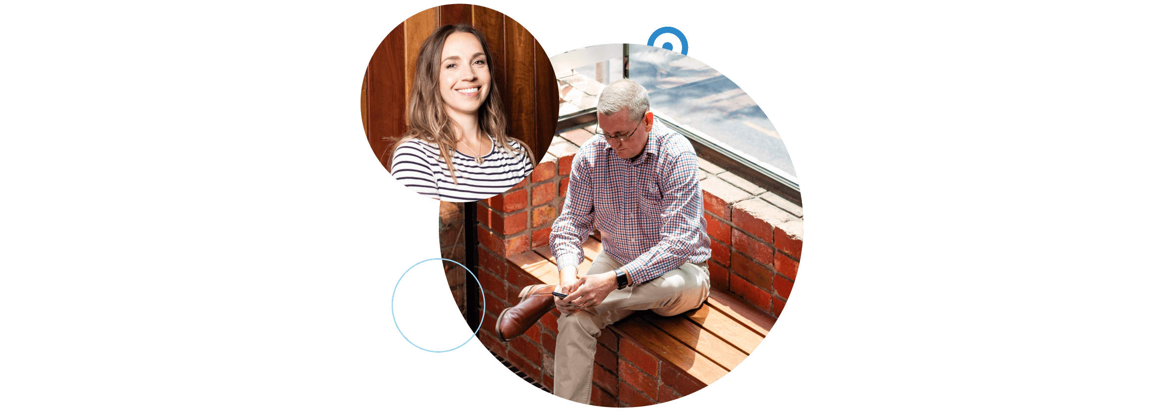 A small business owner sitting on a bench on their phone, beside an image of a Xero partner advisor.
