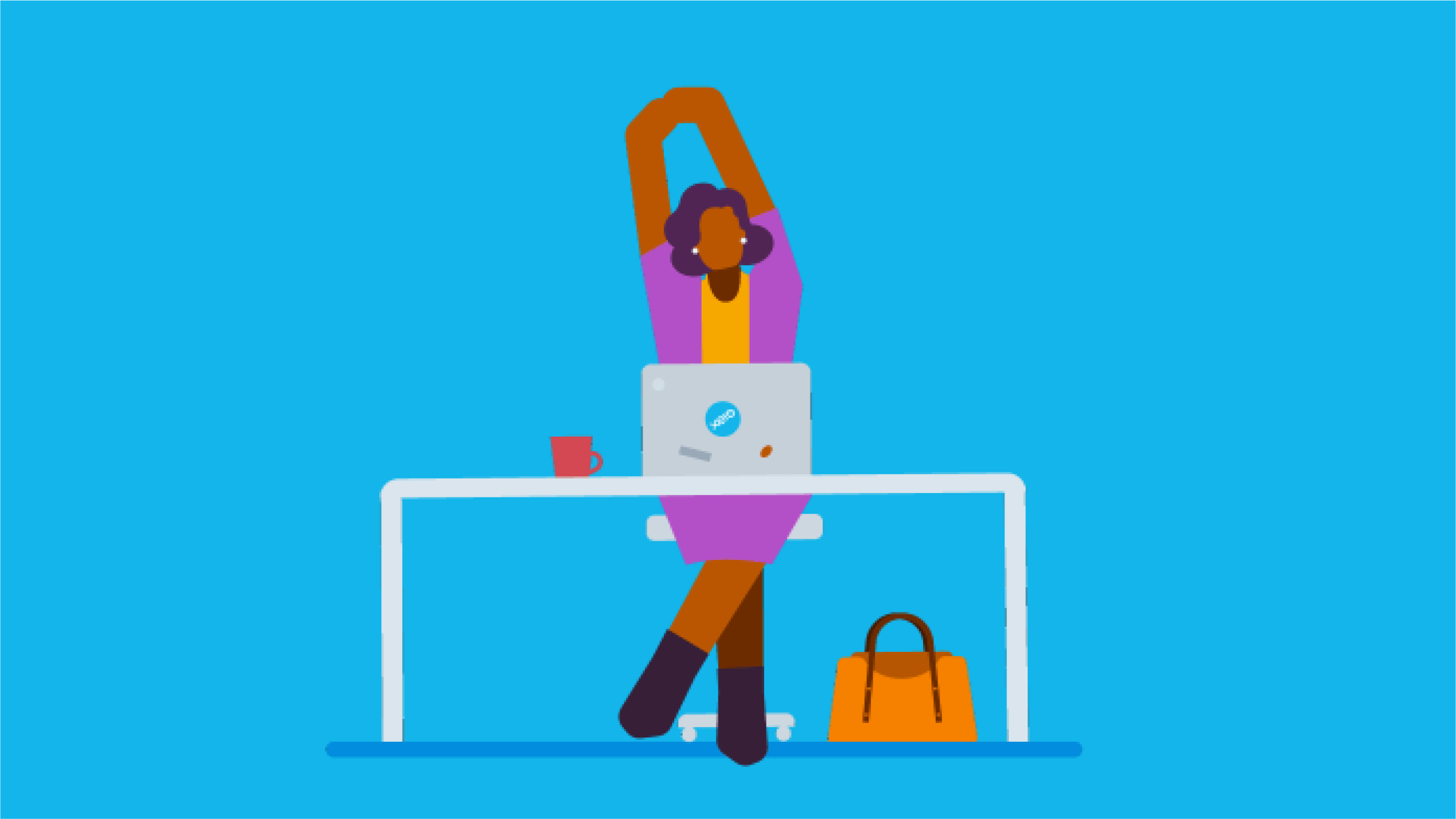 A BAS agent stretches their arms while working at their laptop.