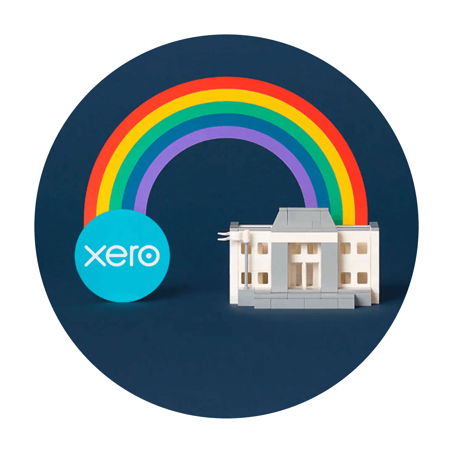An illustration showing Xero connected to an office by  rainbow.
