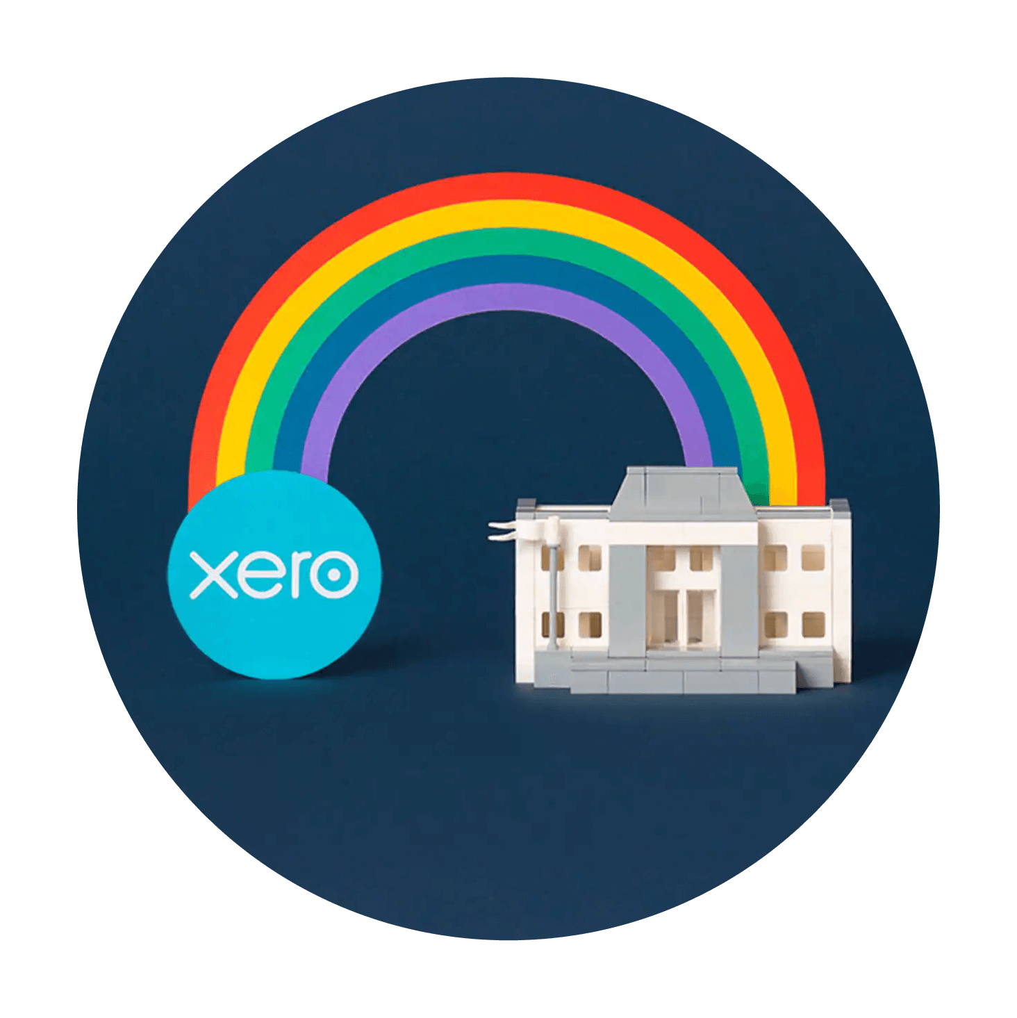 An illustration showing Xero connected to an office by rainbow.