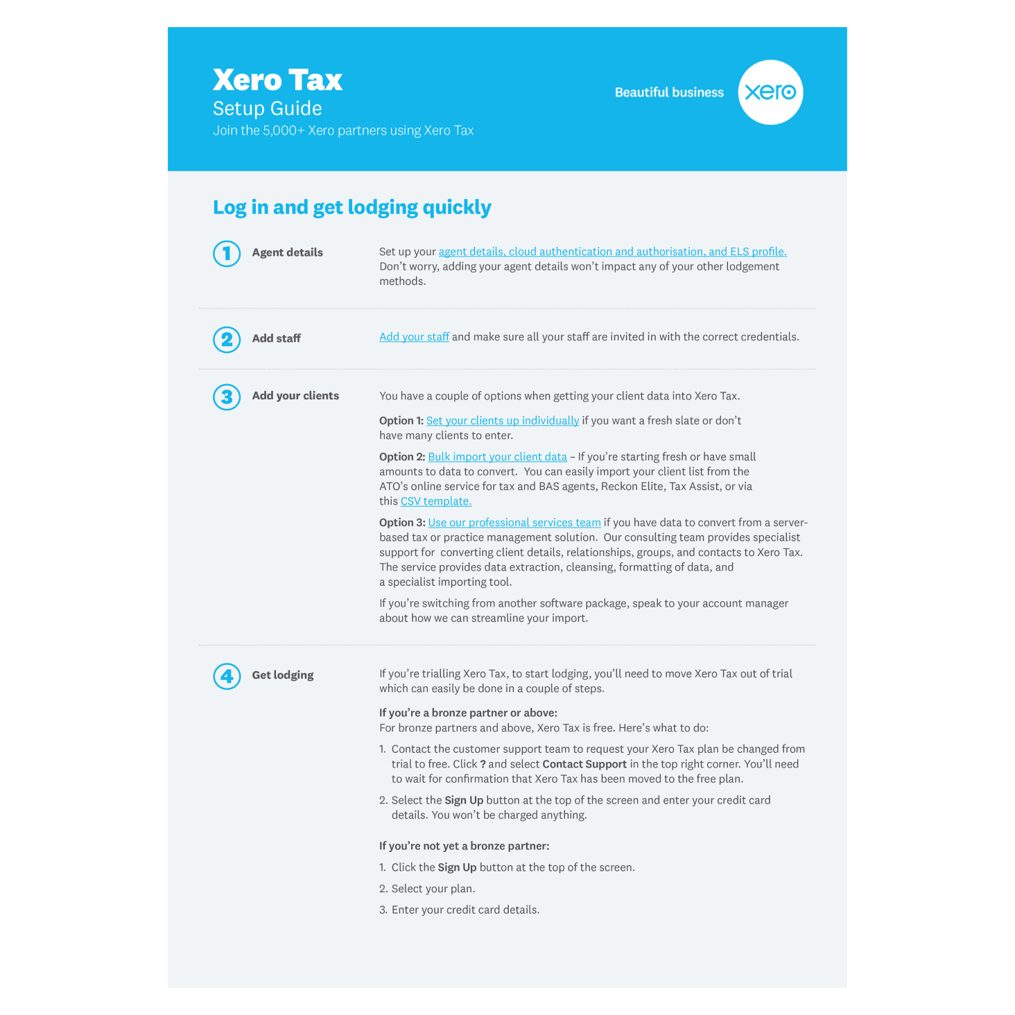 The first page of the Xero set-up guide showing the steps to take to get started.