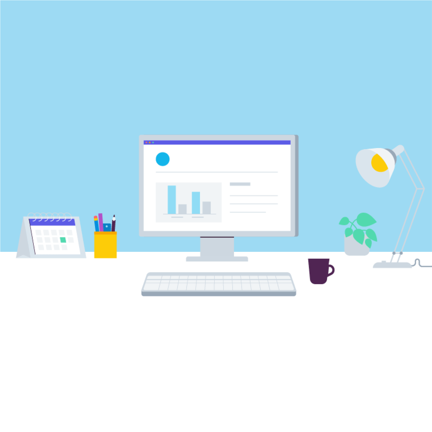 A screen with Xero open and a keyboard sit on an office desk along with a cup of coffee and a lamp.