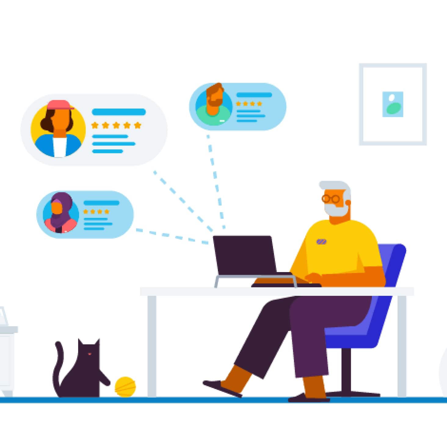 A business owner updates Xero on their notebook computer, seated at a desk, while a cat plays with a ball on the floor. 
