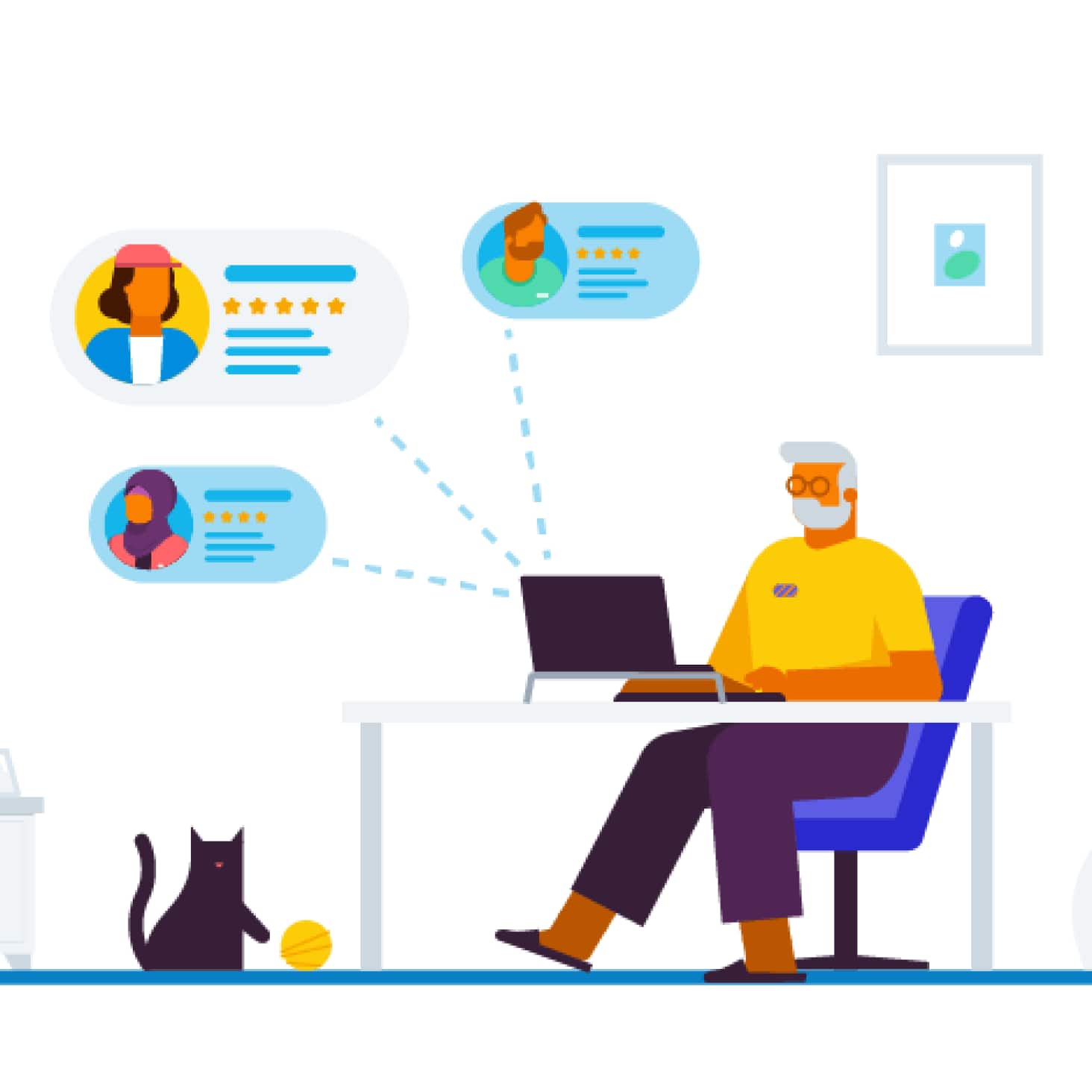 A business owner updates Xero on their notebook computer, seated at a desk, while a cat plays with a ball on the floor.