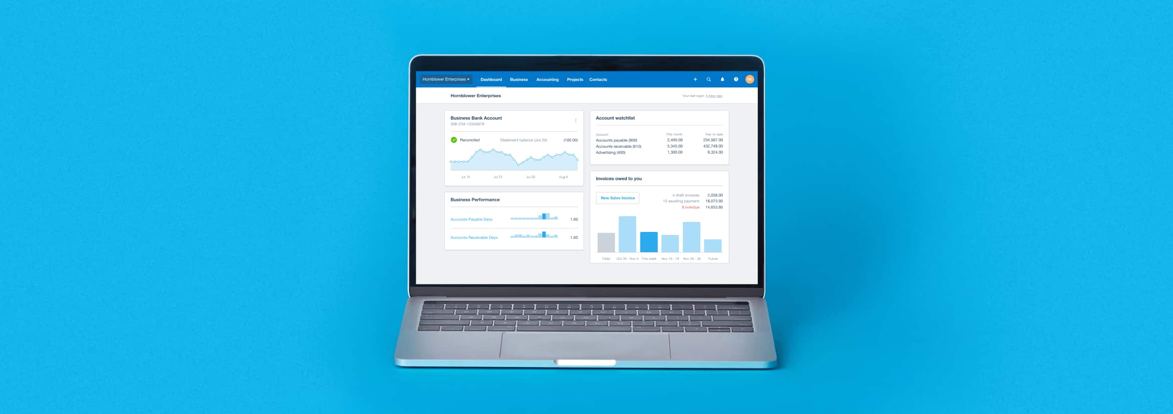A client’s Xero dashboard displays on a laptop when Xero is opened, ready for an accountant or bookkeeper to start work.