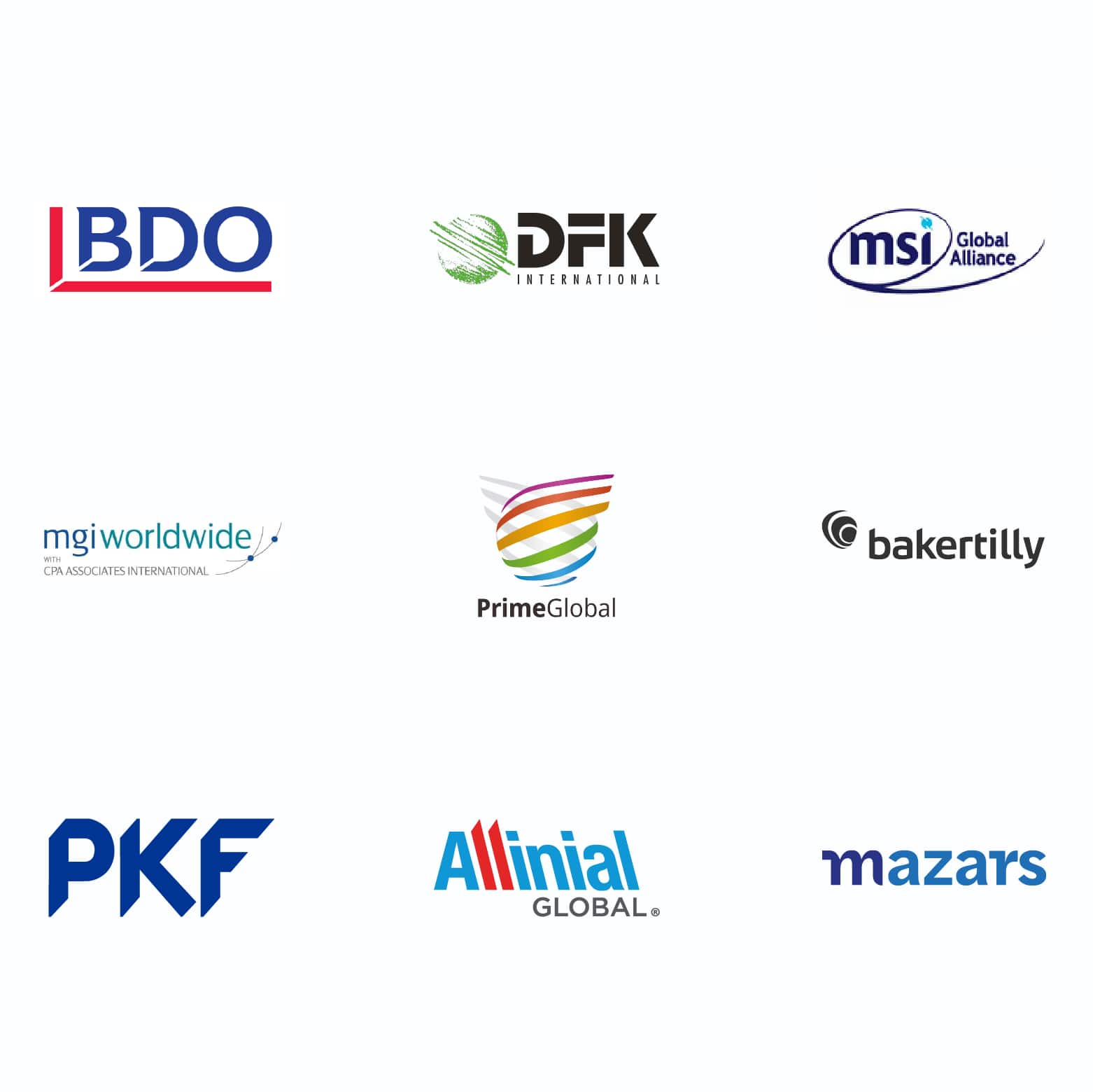 A group of business logos: BDO, Johnston Carmichael, MNP, KPMG, PWC, Smith & Williamson, Deloitte, Grant Thornton, CRI