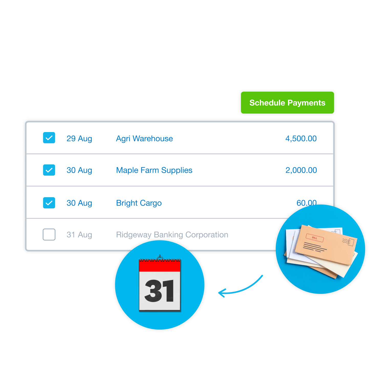 Xero’s accounting software showing a farm’s scheduled payments on a screen, ready to be processed. 