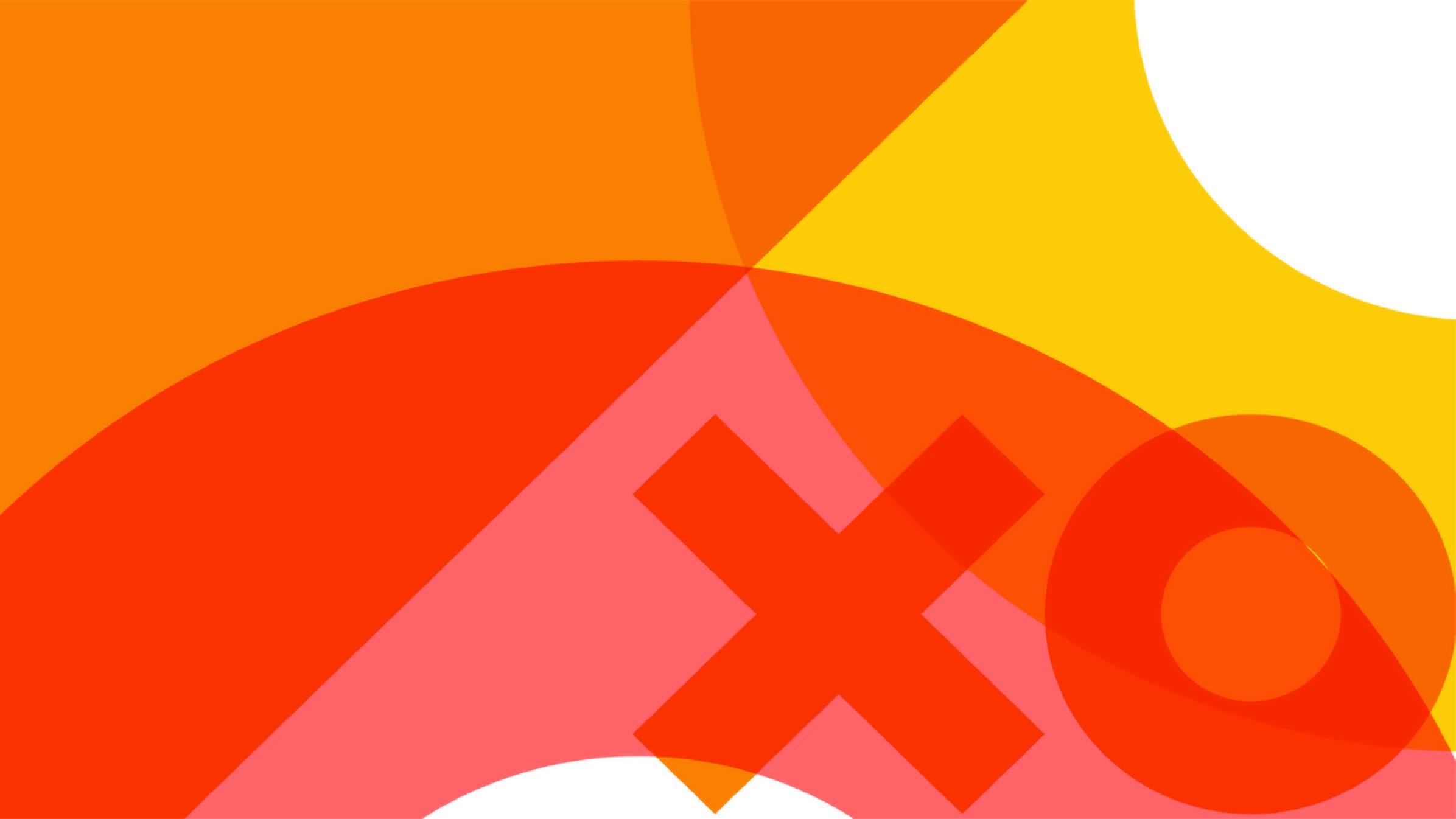 An abstract image of bright orange and yellow overlapping shapes with a nought and a cross.