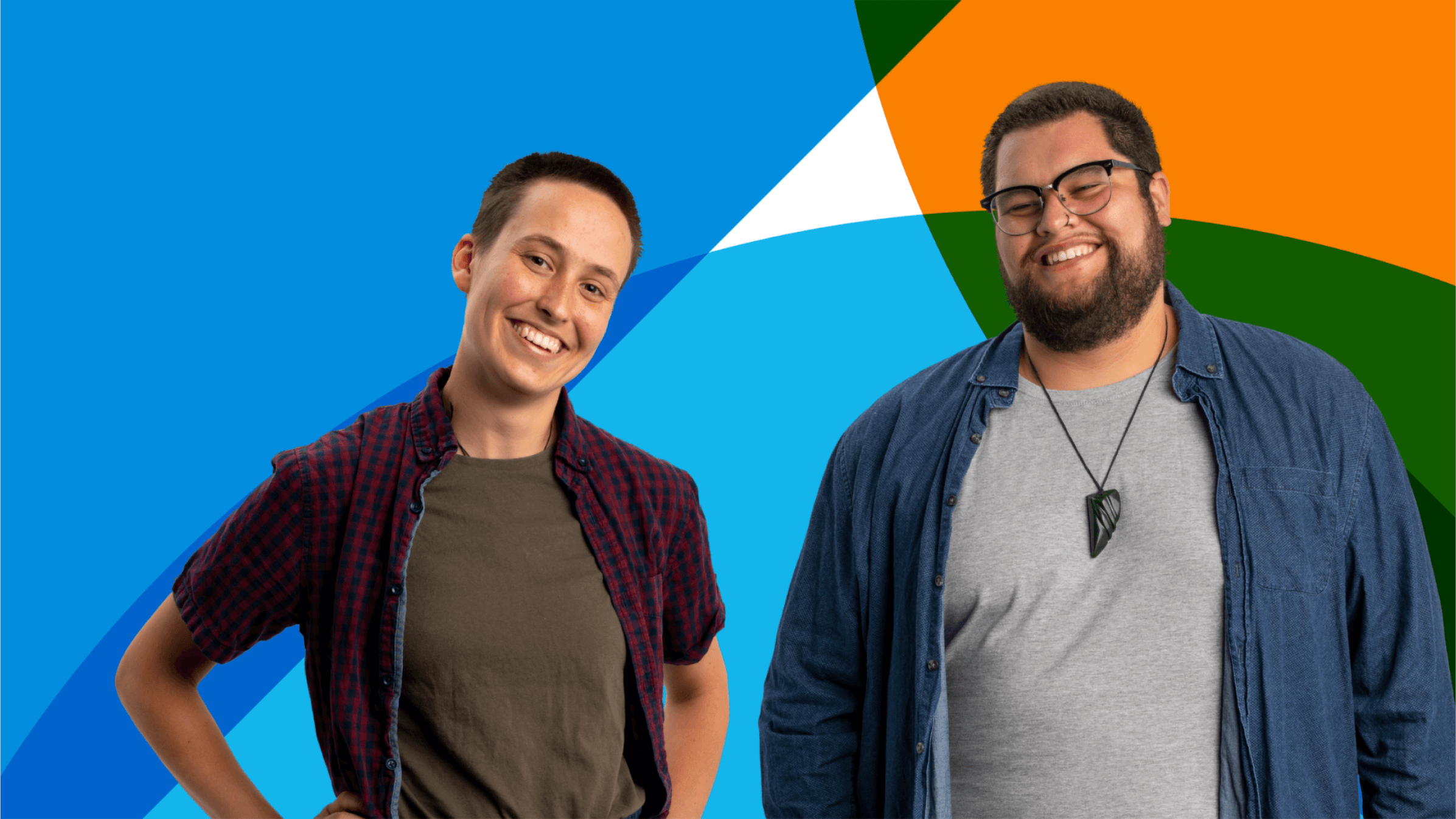 Alt text: Two Xero grads smiling in front of a colorful background.
