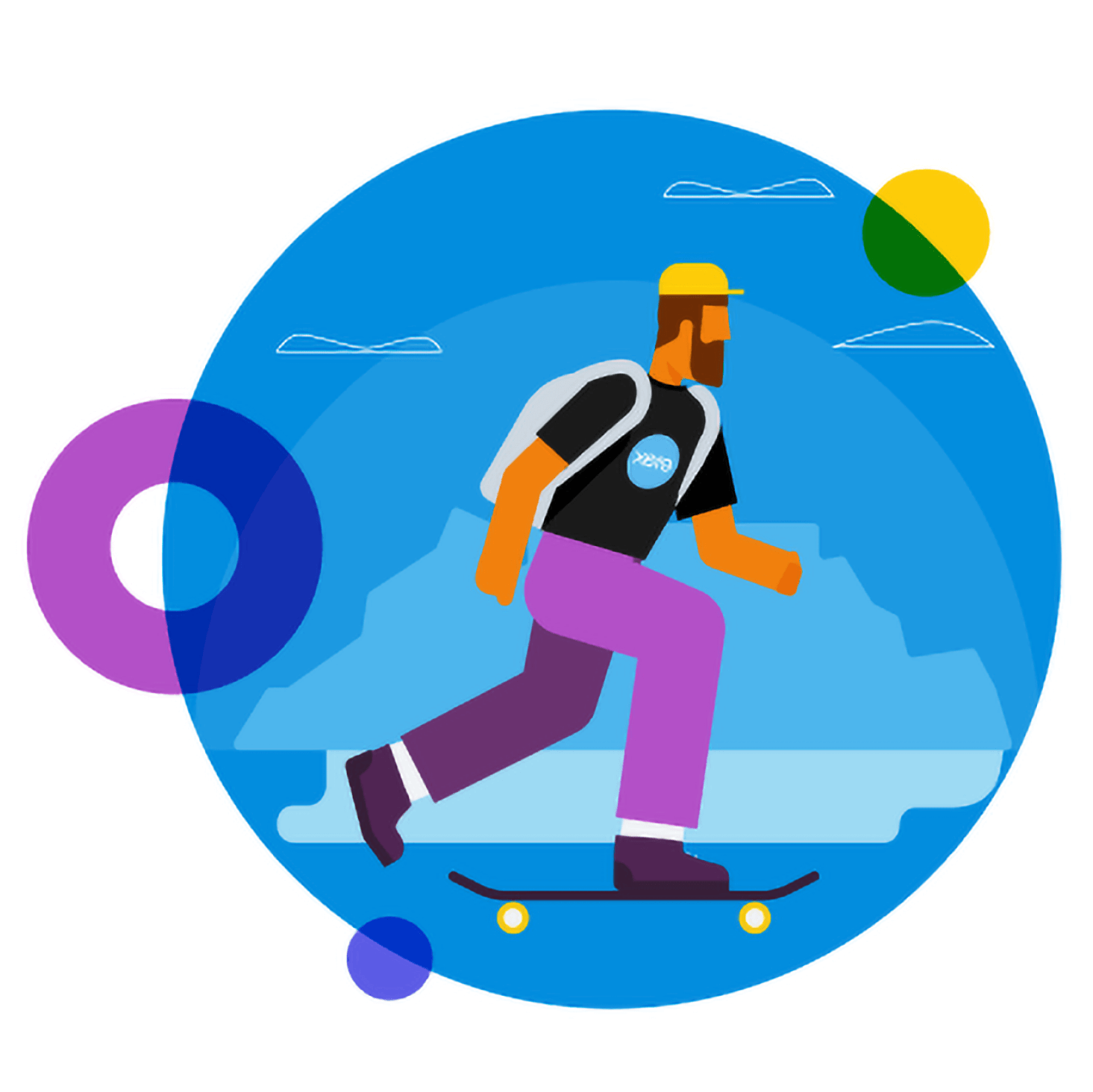 A summer intern skateboards to the Xero office with a backpack on his back.