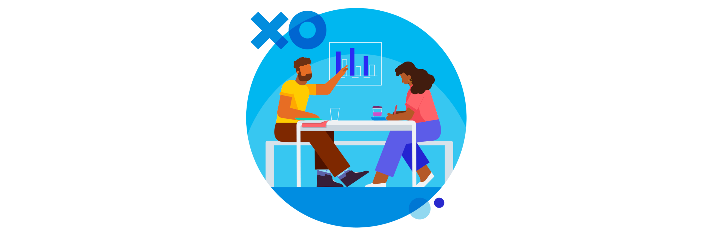 A team lead and a data grad analyse results shown in a bar chart.