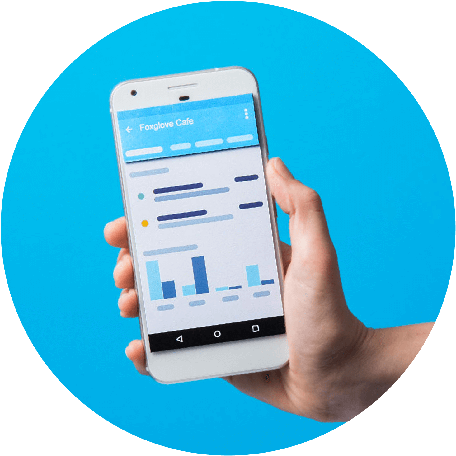 Charts and tables show up-to-date cash flow and healthcare accounts on a phone screen.