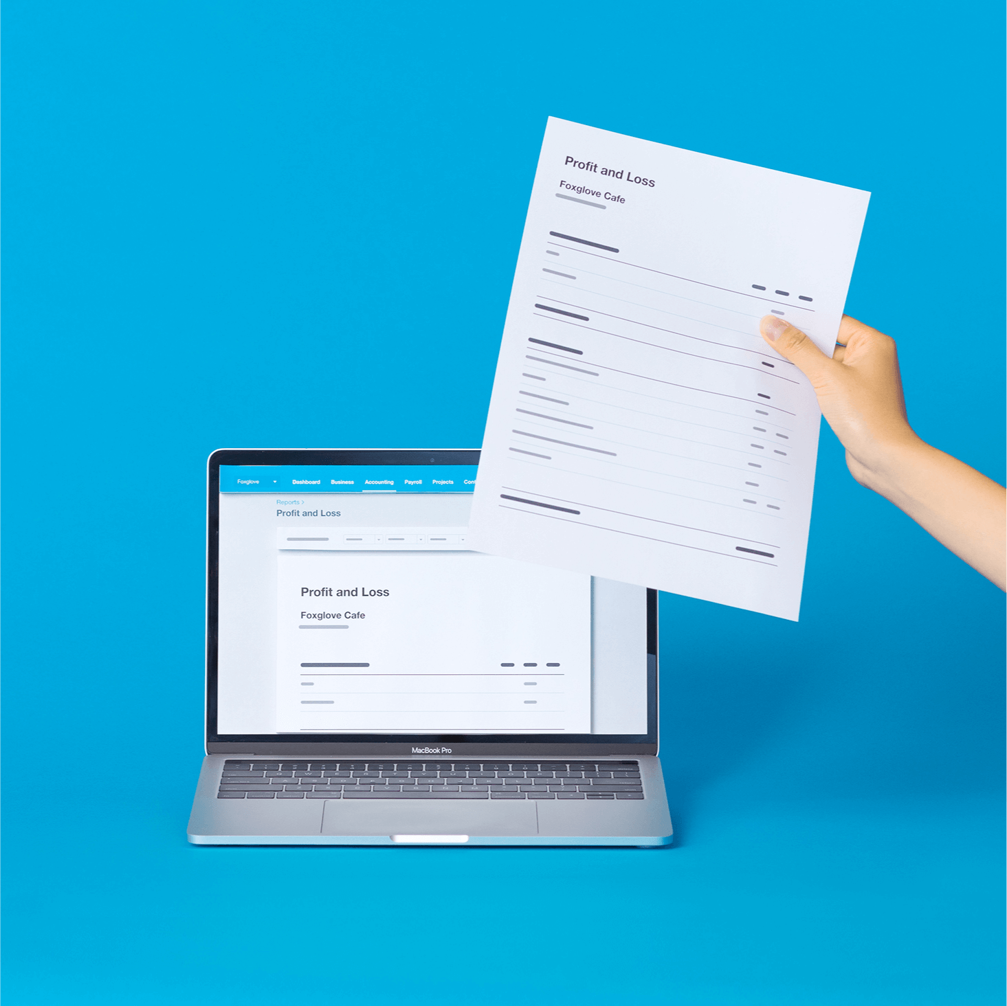 A profit and loss report displays in Xero on a laptop and a copy is printed as well. 