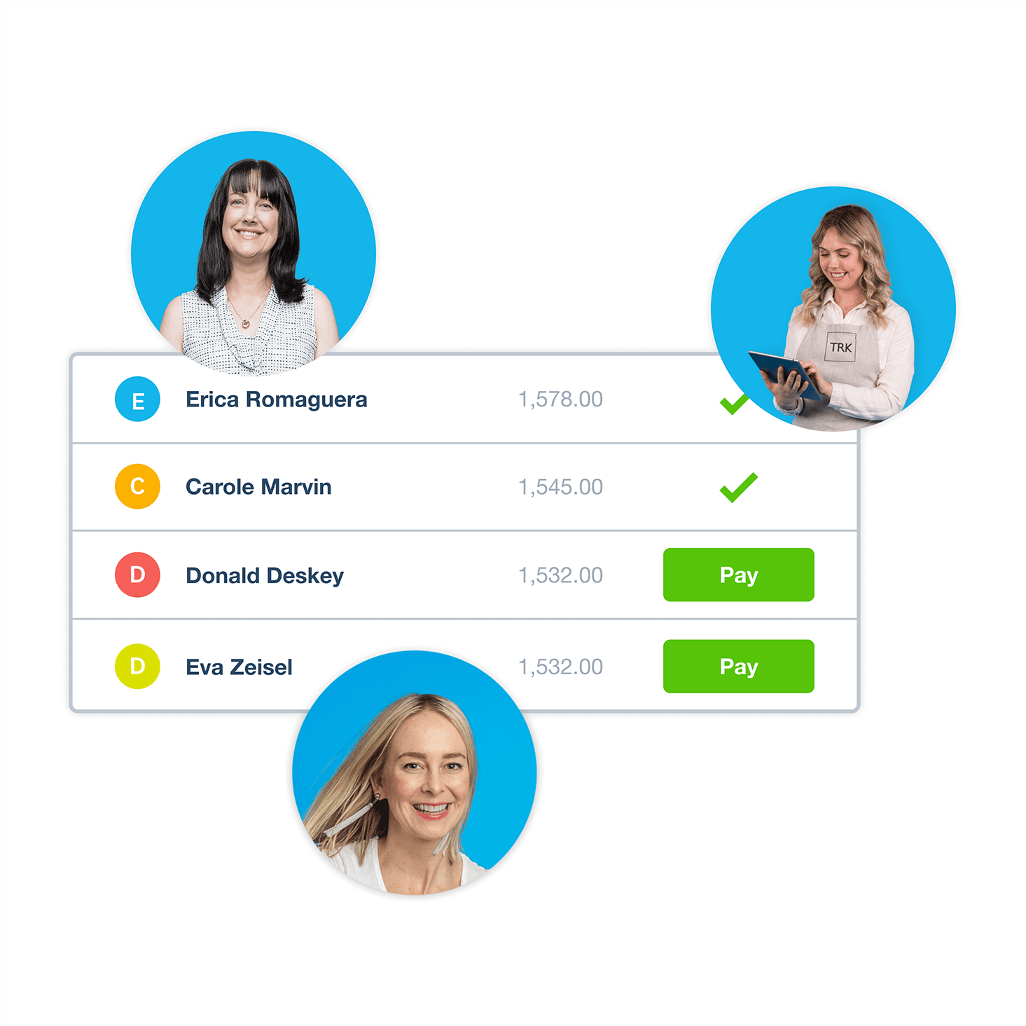 Xero’s accounting software shows a list of payments to retail employees, including pay buttons for quick and easy processing.