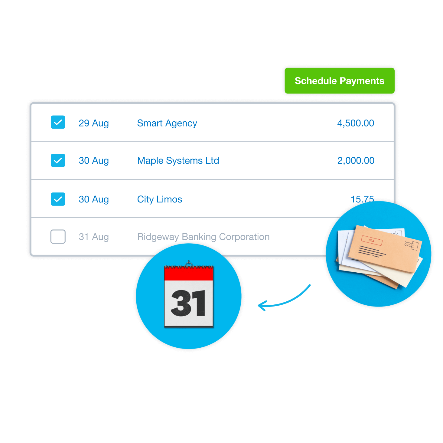 Simple accounting software for sole traders shows a schedule of bills for payment along with due dates.