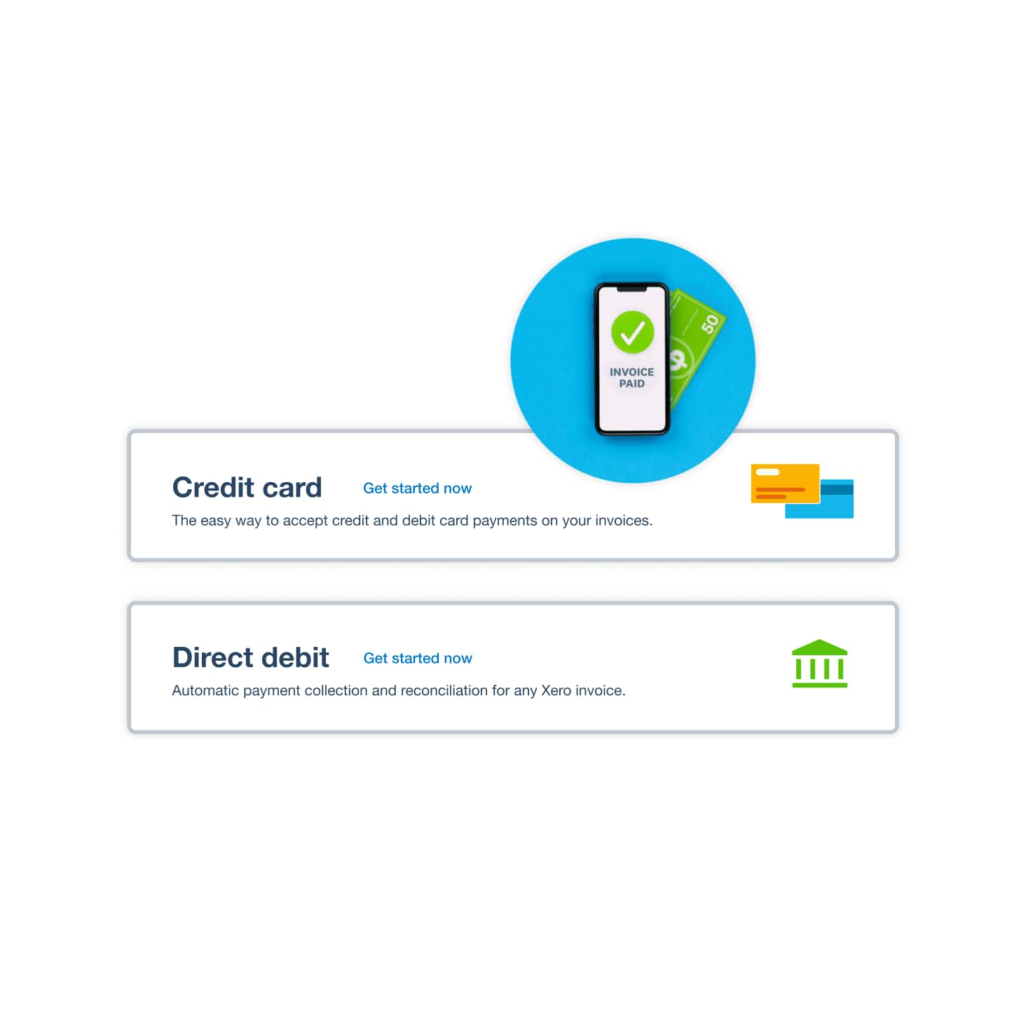 Credit or direct debit options for online invoice payments display in the accounting software for a startup business.