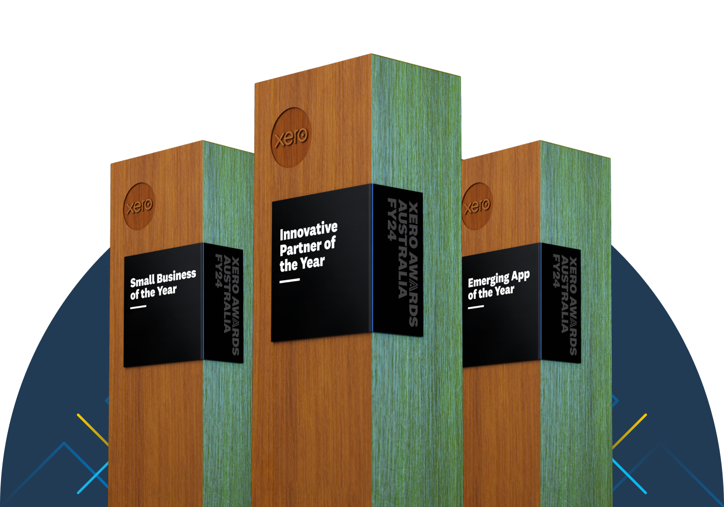 Engraved wooden trophies representing some of the Xero Awards categories.