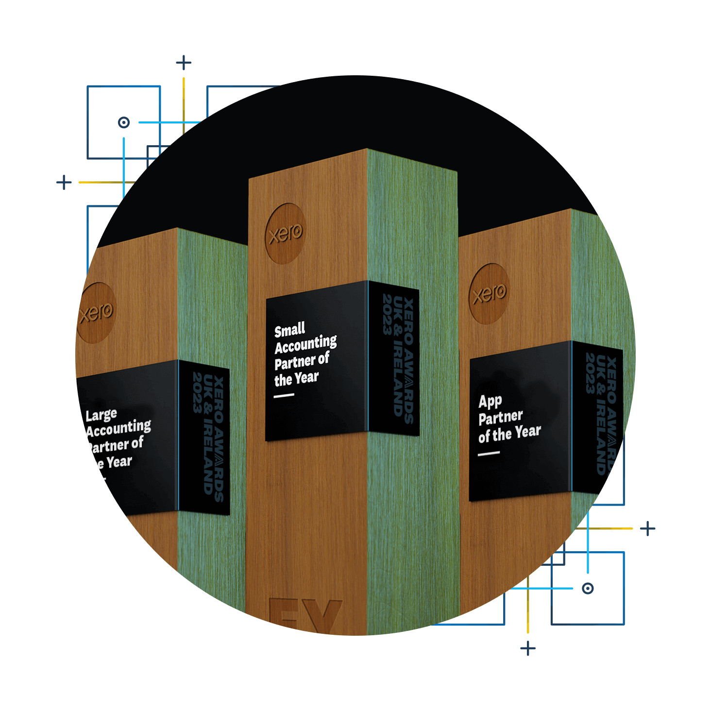 Engraved wooden trophies representing some of the Xero Awards categories.