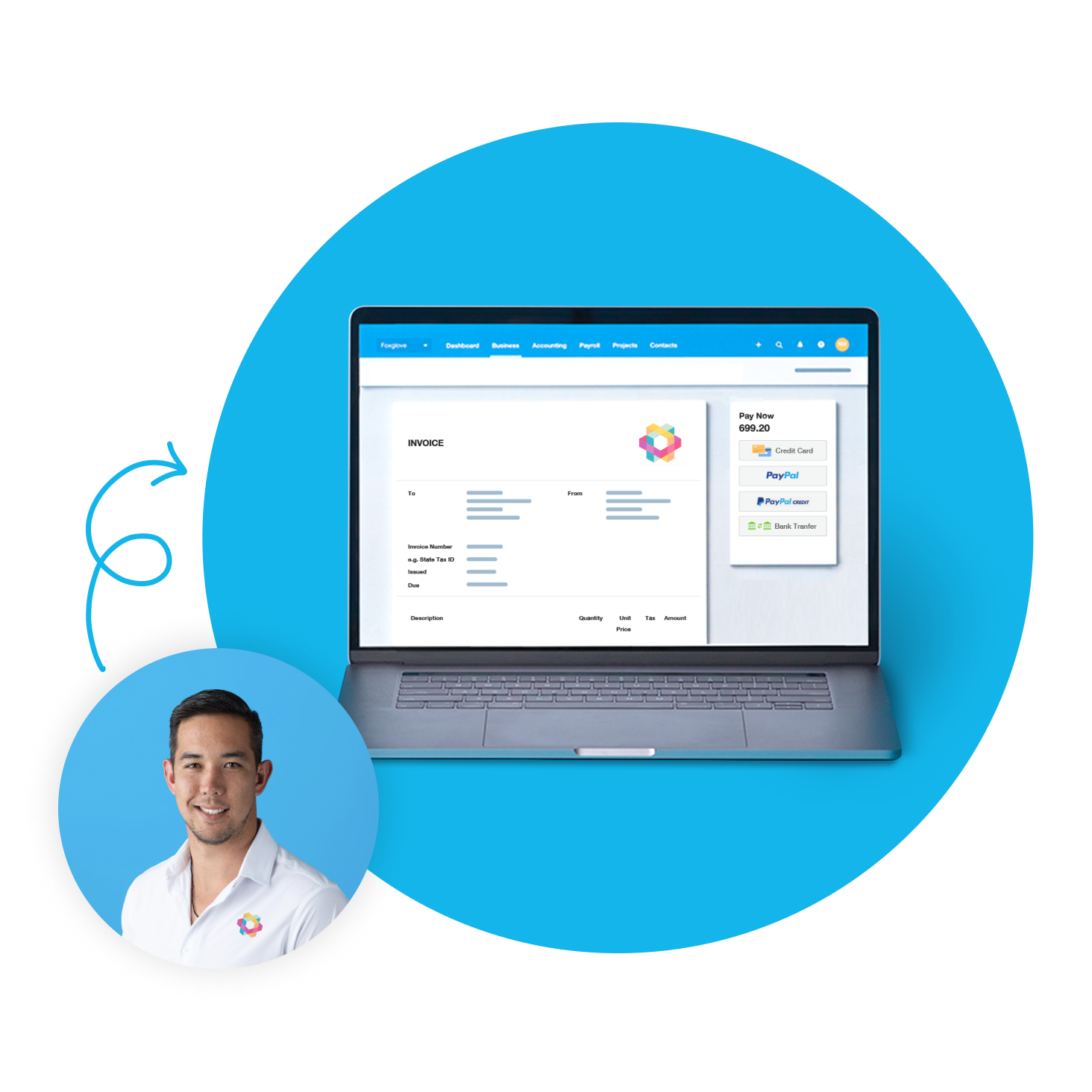 A Xero invoice displayed on a laptop screen showing multiple payment options including ACH debit and bank transfer.