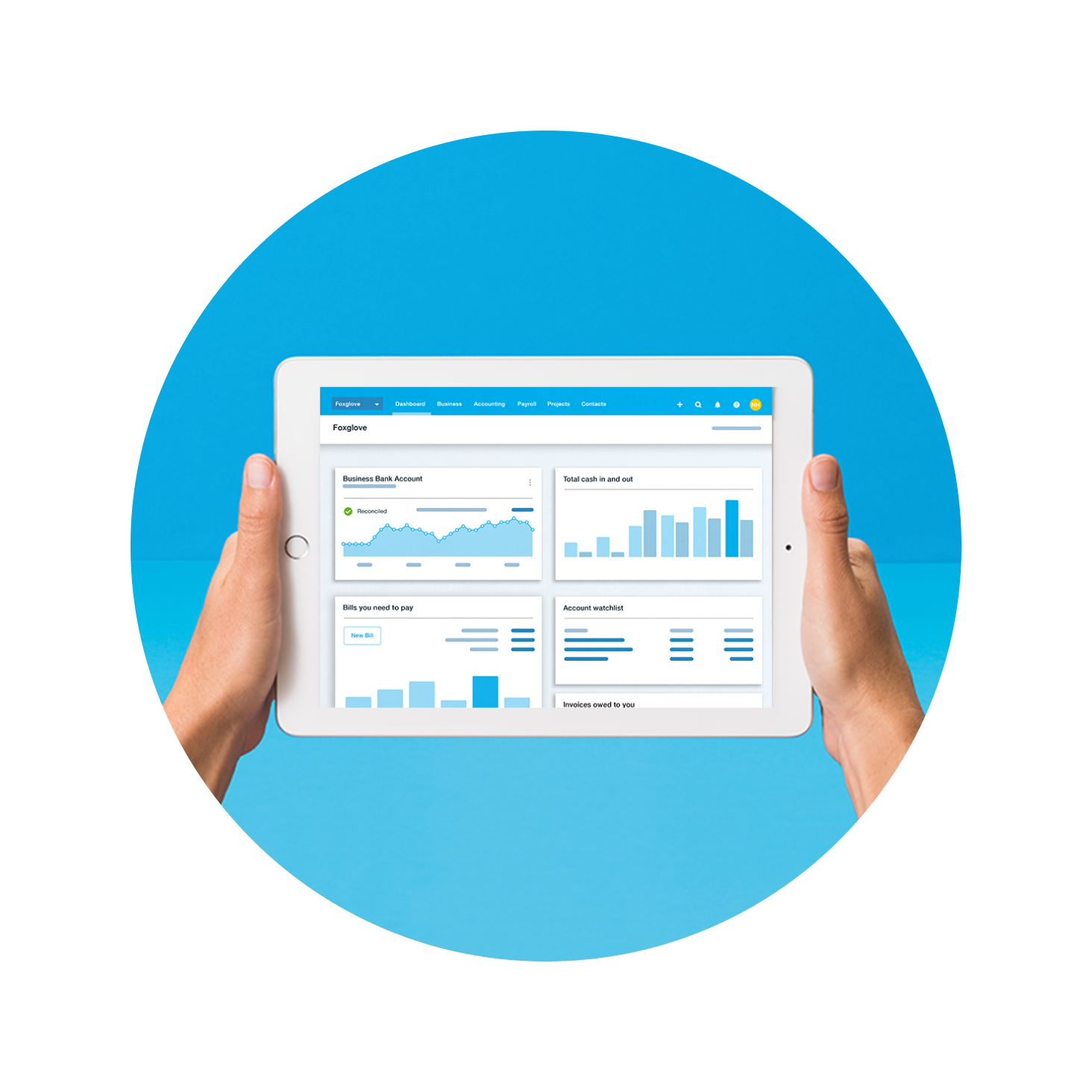 An iPad on a blue background with the Xero dashboard featured.