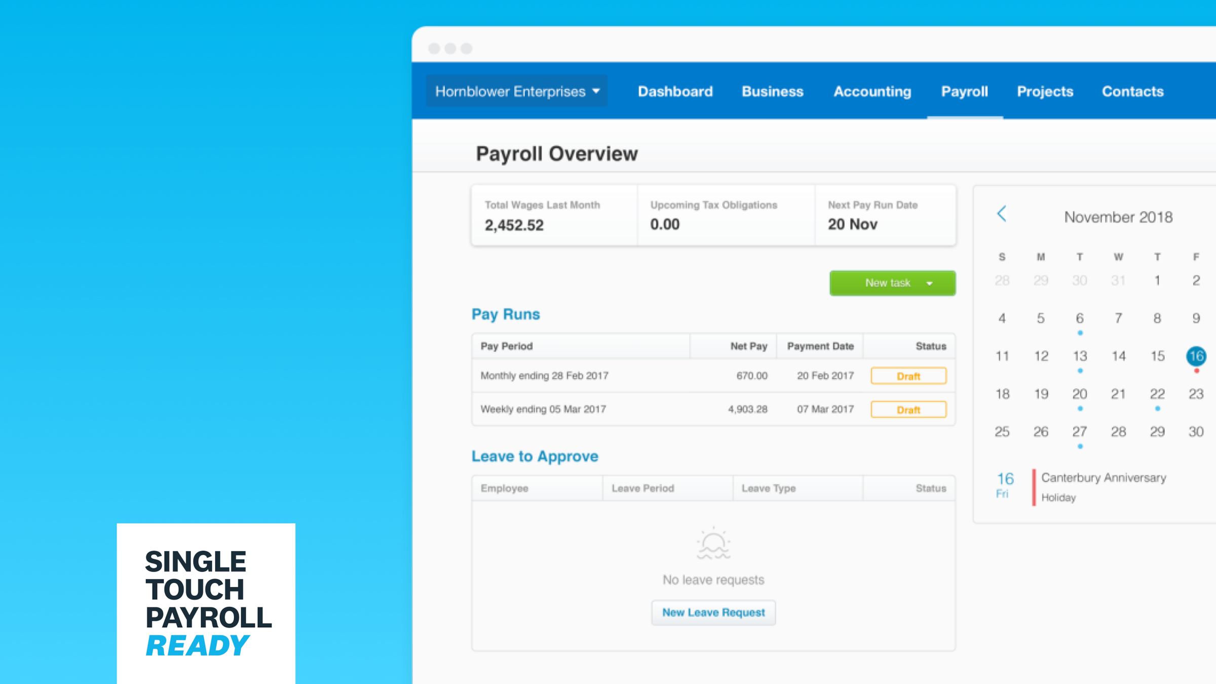 The payroll overview page on the Xero desktop app, with the words ‘Single Touch Payroll Ready’