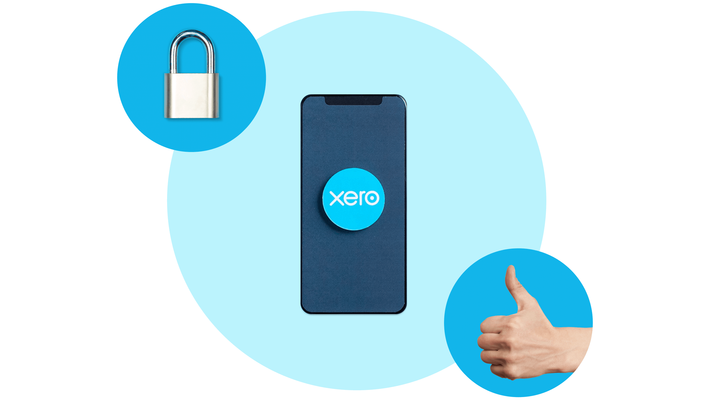 A padlock, a mobile phone with the Xero logo on it, and a thumbs-up sign represent Xero’s commitment to responsible data use.