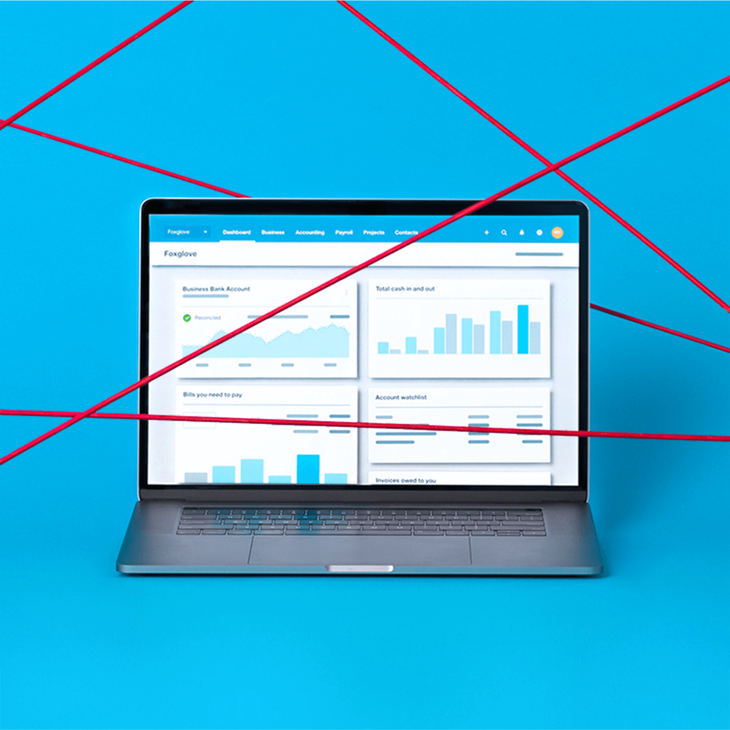 A laptop displaying business data in Xero is criss-crossed with red wire, indicating it’s protected from unauthorised access.