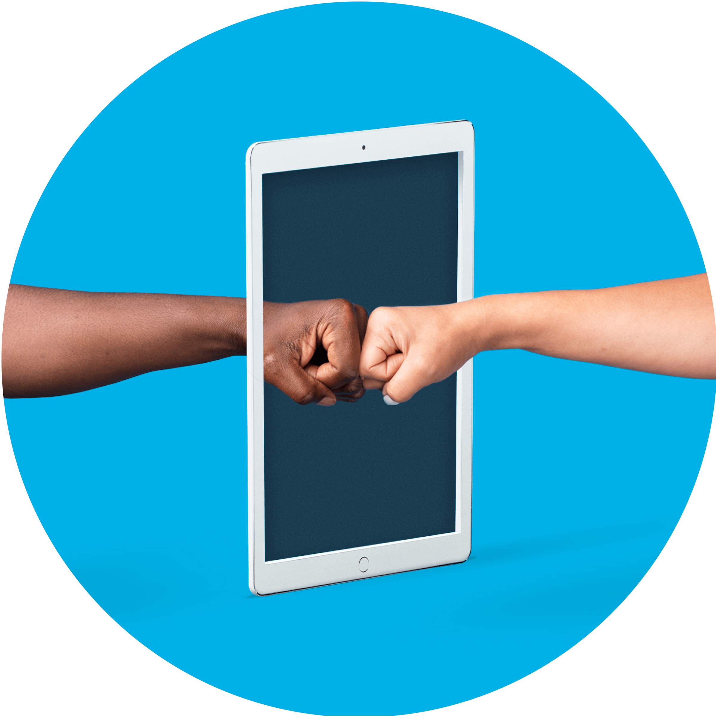 Two hands fist bump through a device to show that collaborating with a team in Xero is direct, easy and instant.