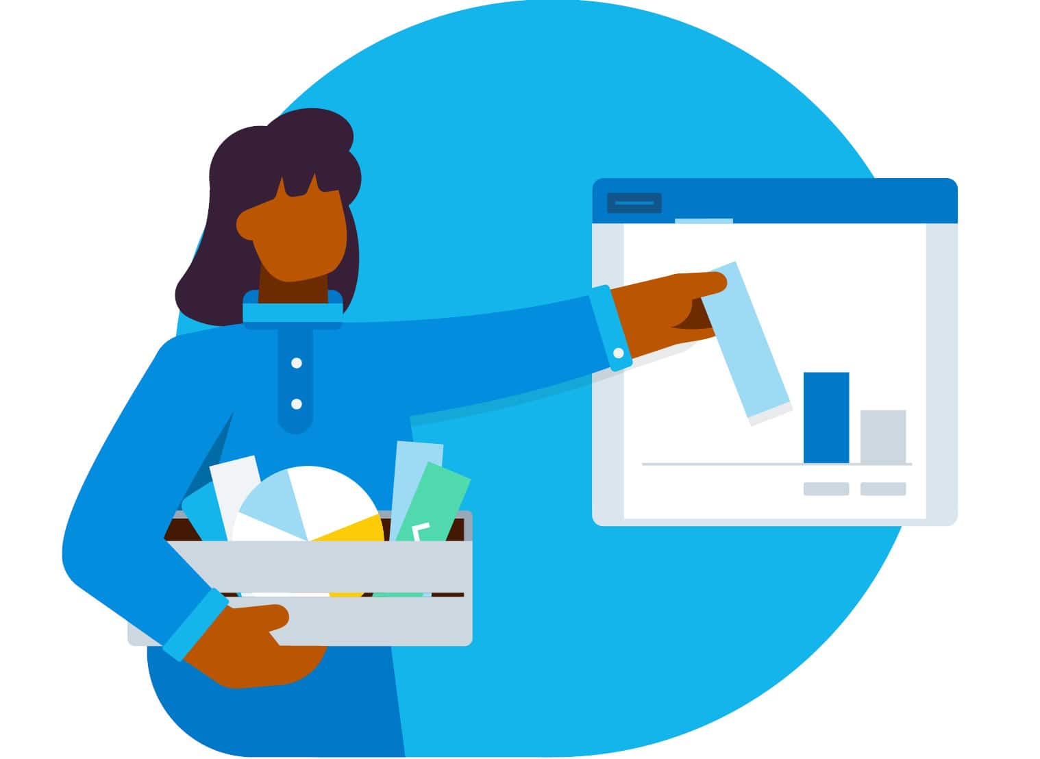 A person assembling charts and graphs from shapes
