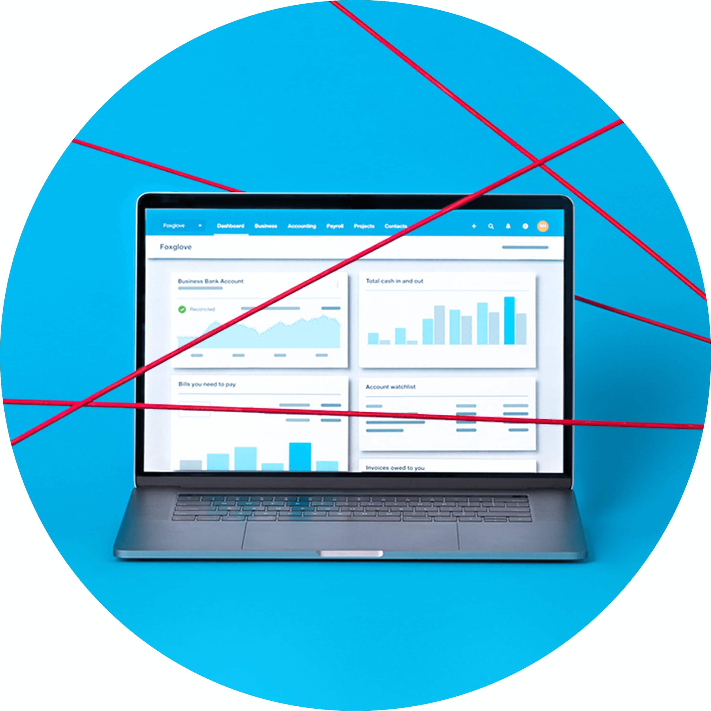 Criss-crossed lines around a laptop showing the Xero dashboard signify Xero’s robust network security controls.