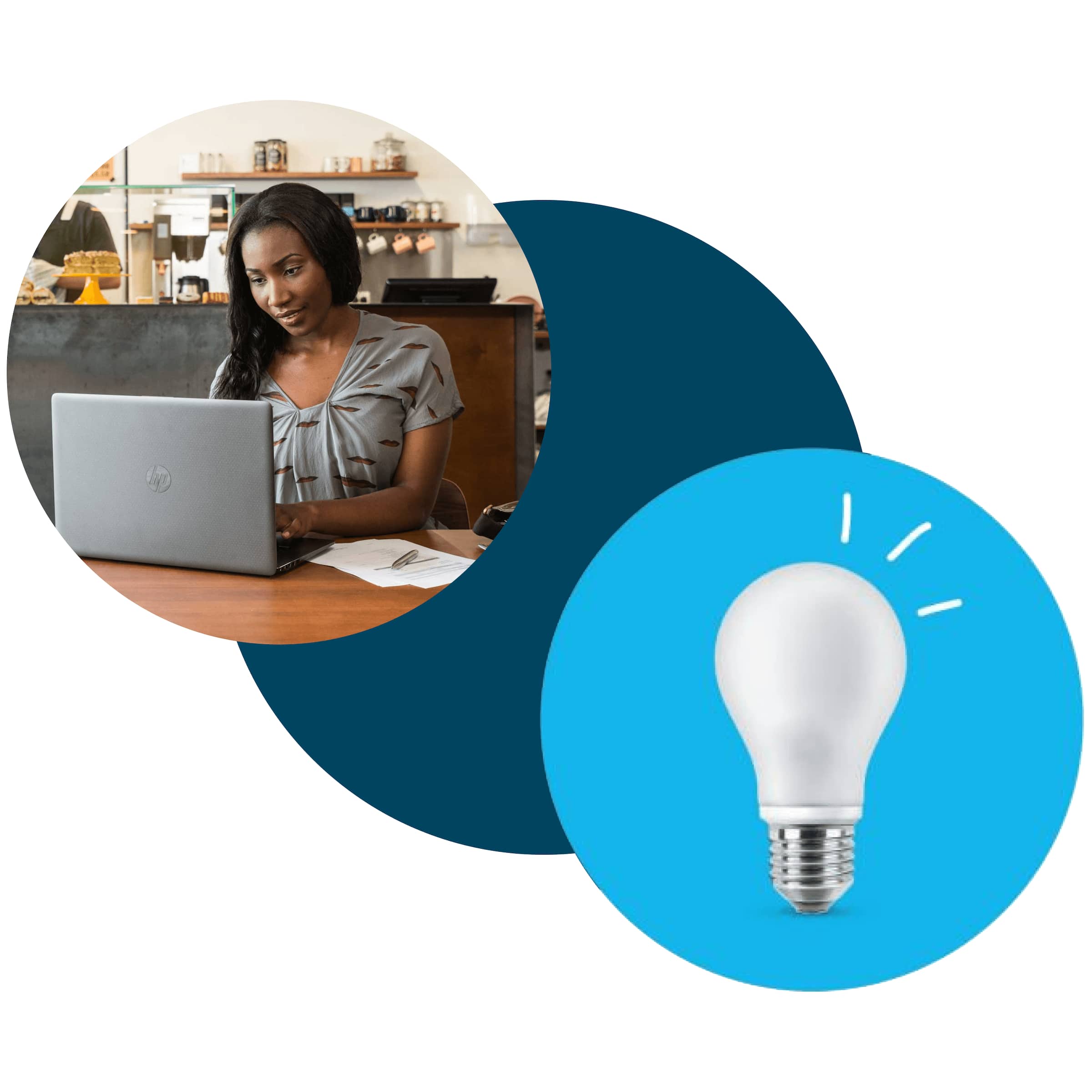 A person using a laptop, with a graphic of a lightbulb.
