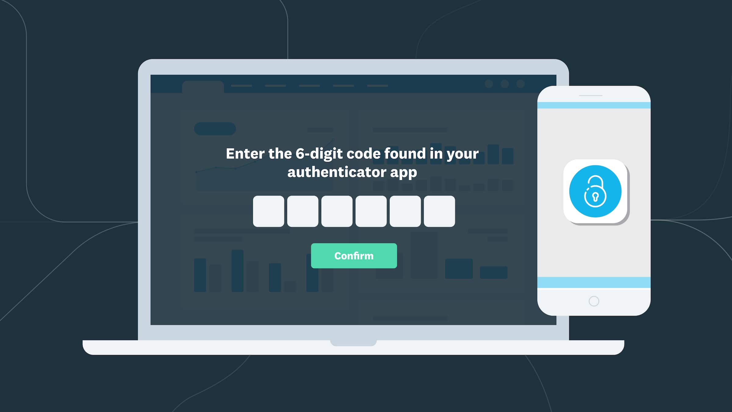 A message on a laptop says, ‘Enter the 6-digit code found in your authenticator app’. A mobile phone app generates the code. 