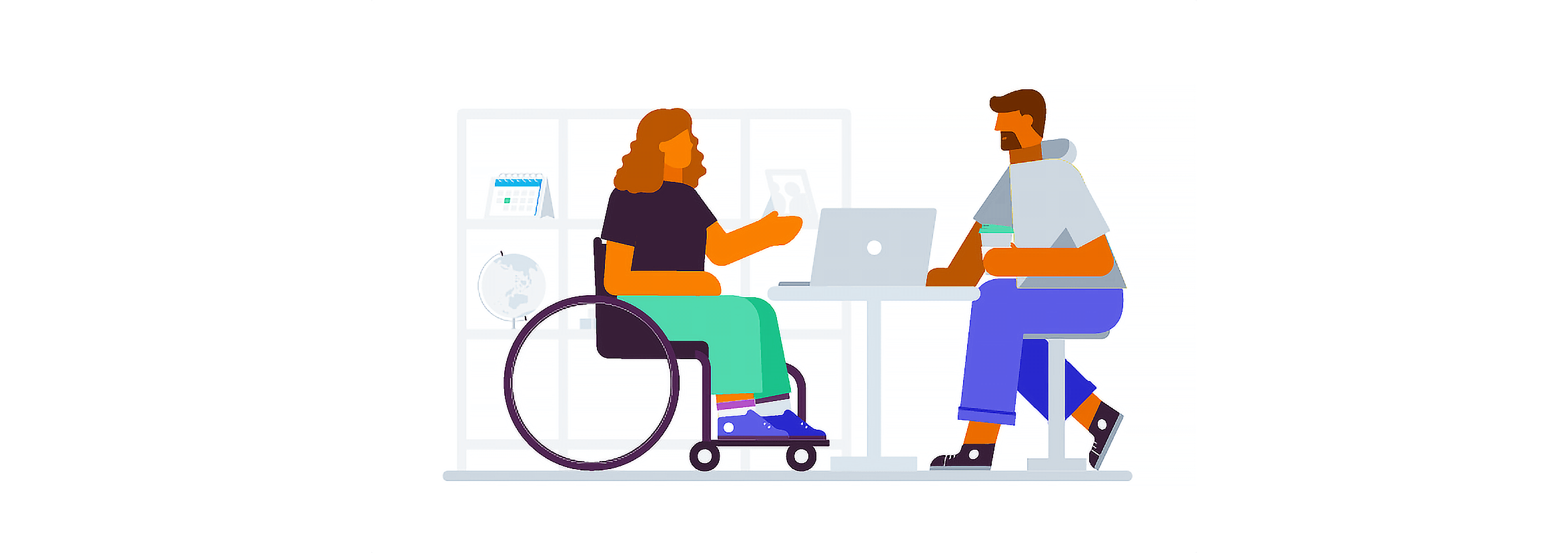 Two Xero employees, one in a wheelchair, with a laptop open in front of them discuss a project.