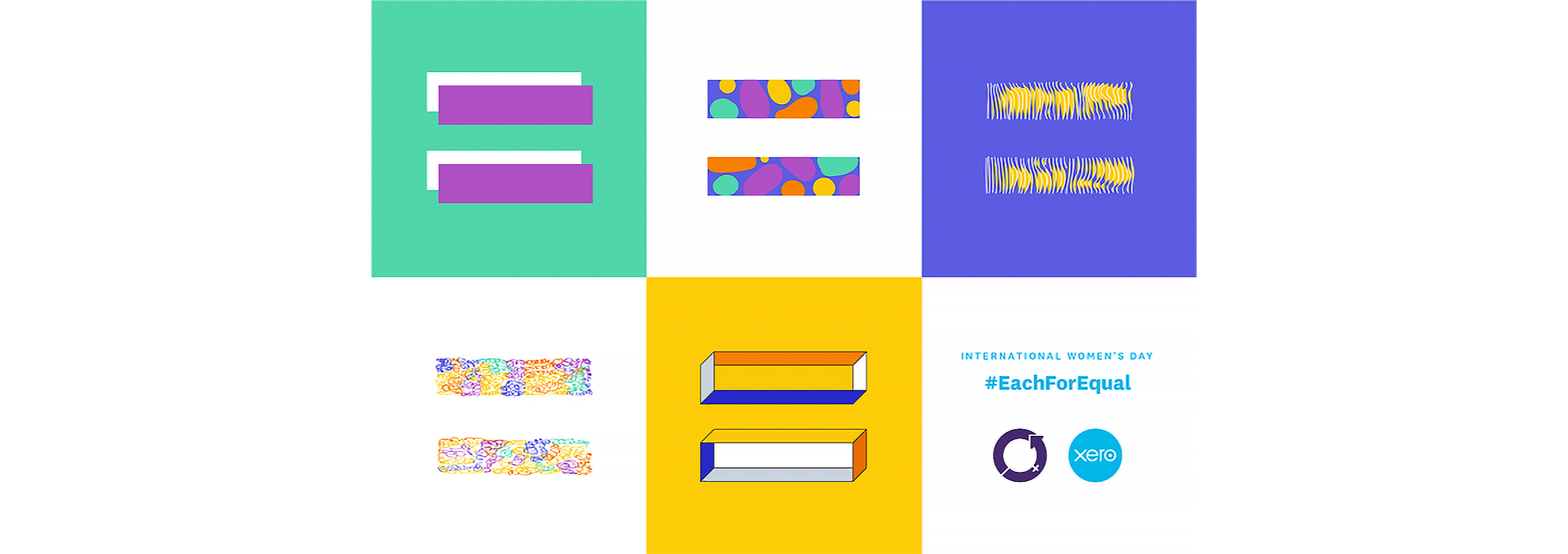 Abstract rectangular illustrations in bright colours and the International Women’s Day logo with the words ‘Each for equal’.